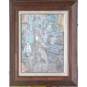 Ethel MARS "La pianiste" aquarelle gouachée 43x35